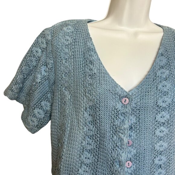 Vintage Blue Crochet Cropped Short Sleeve Cardigan Size M Country Cottage Vibe - Picture 3 of 5